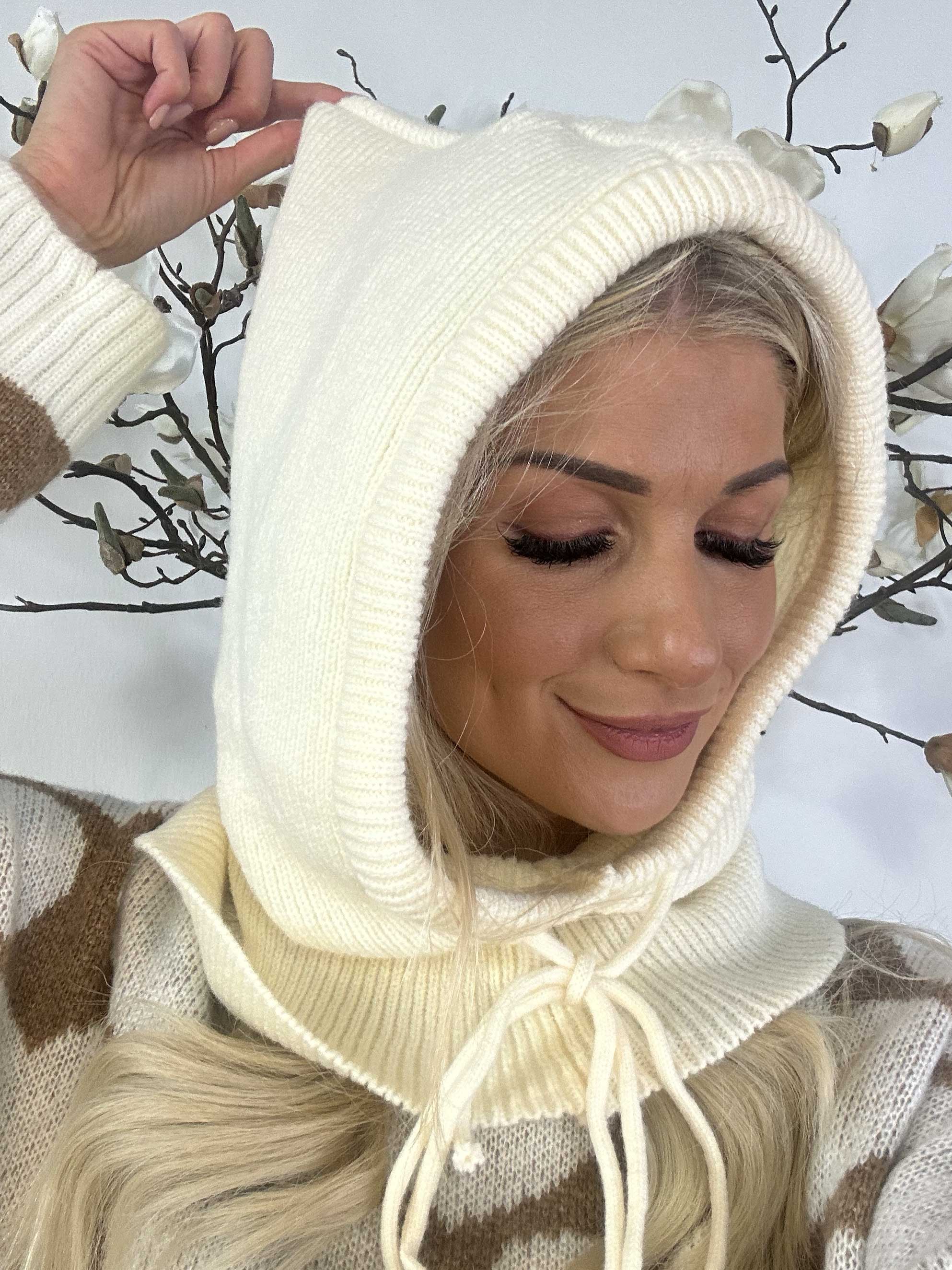 Livia - Stickad mössa med huva och dragsko